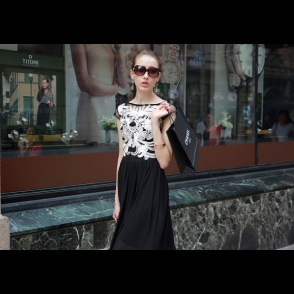 L&X Black Shear Chiffon White Soutache MIDI Dress - Picture 11 of 14